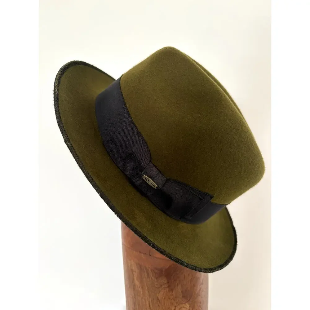 Adora Olive Green Wool Felt Fedora Hat with Black Grosgrain Ribbon Band